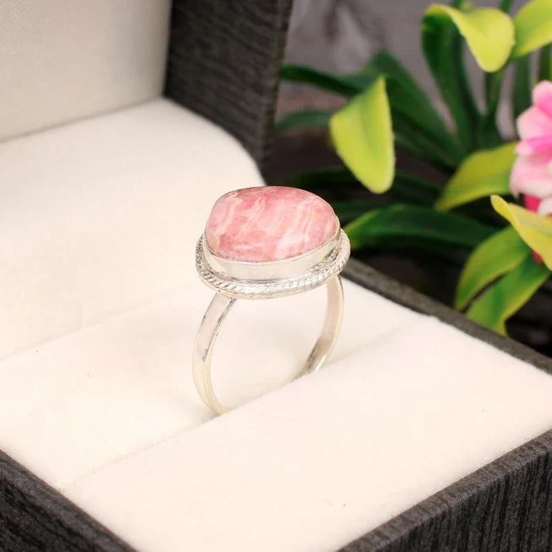 Natural Rhodochrosite Gemstone 92.5 Sterling Silver Ring