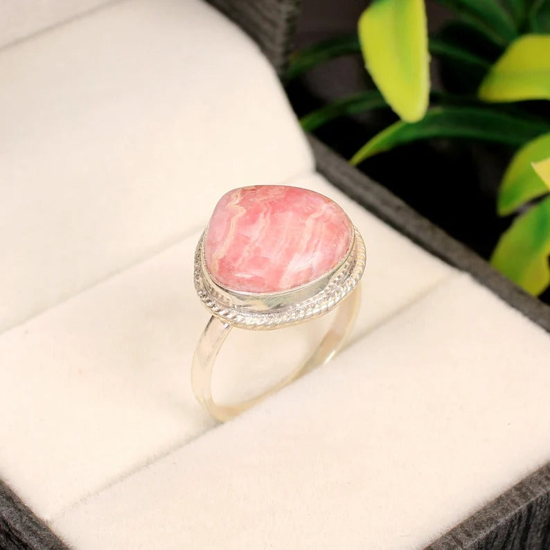 Natural Rhodochrosite Gemstone 92.5 Sterling Silver Ring