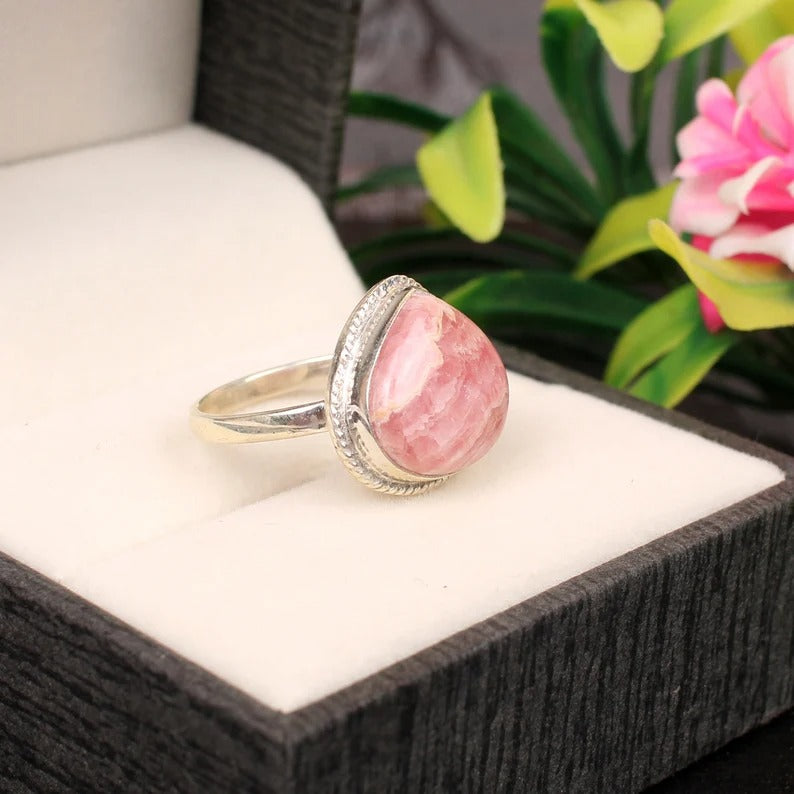 Natural Rhodochrosite Gemstone 92.5 Sterling Silver Ring