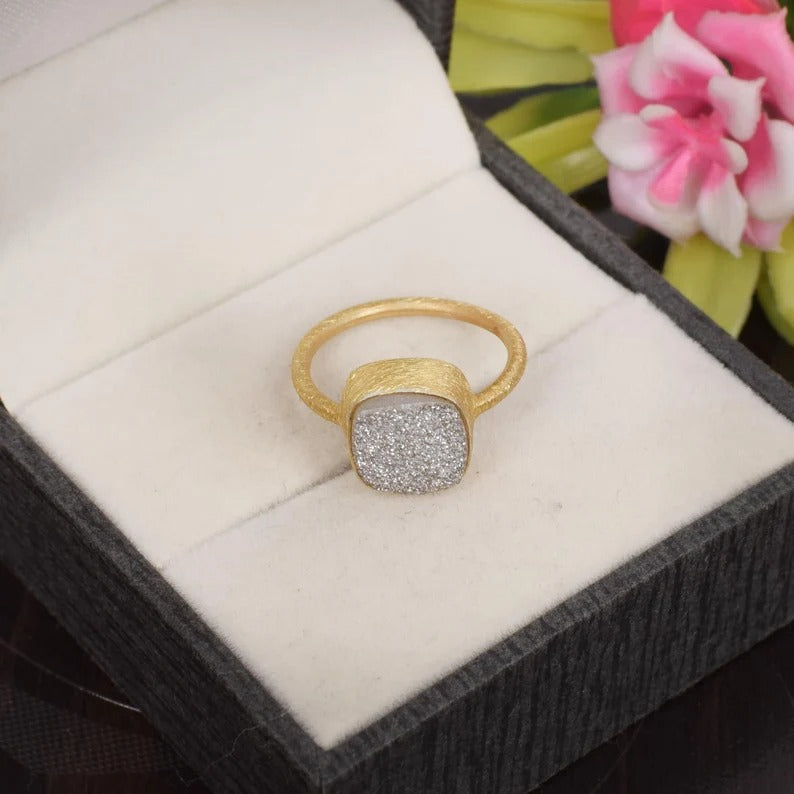 925 Sterling Silver Raw Grey Druzy Gemstone Ring