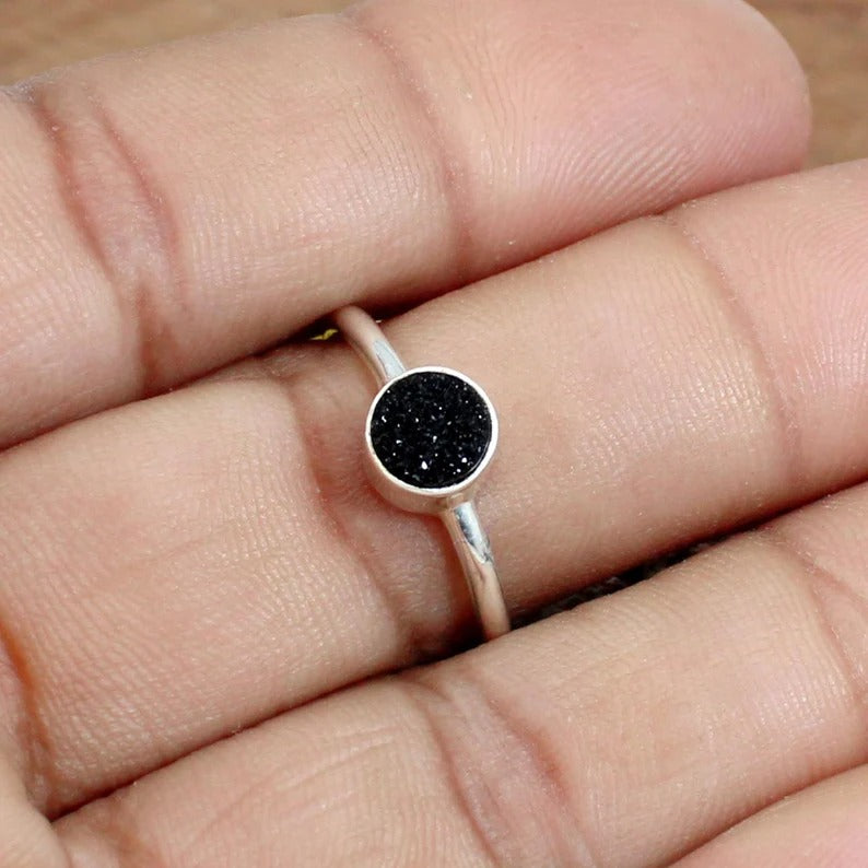 Black Druzy Gemstone 92.5 Silver Ring