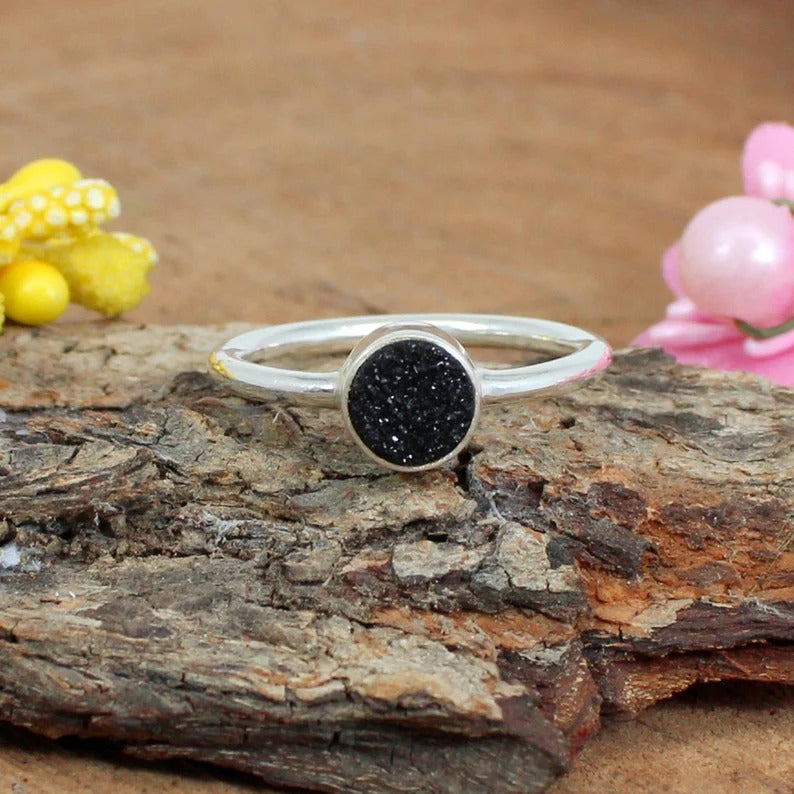 Black Druzy Gemstone 92.5 Silver Ring