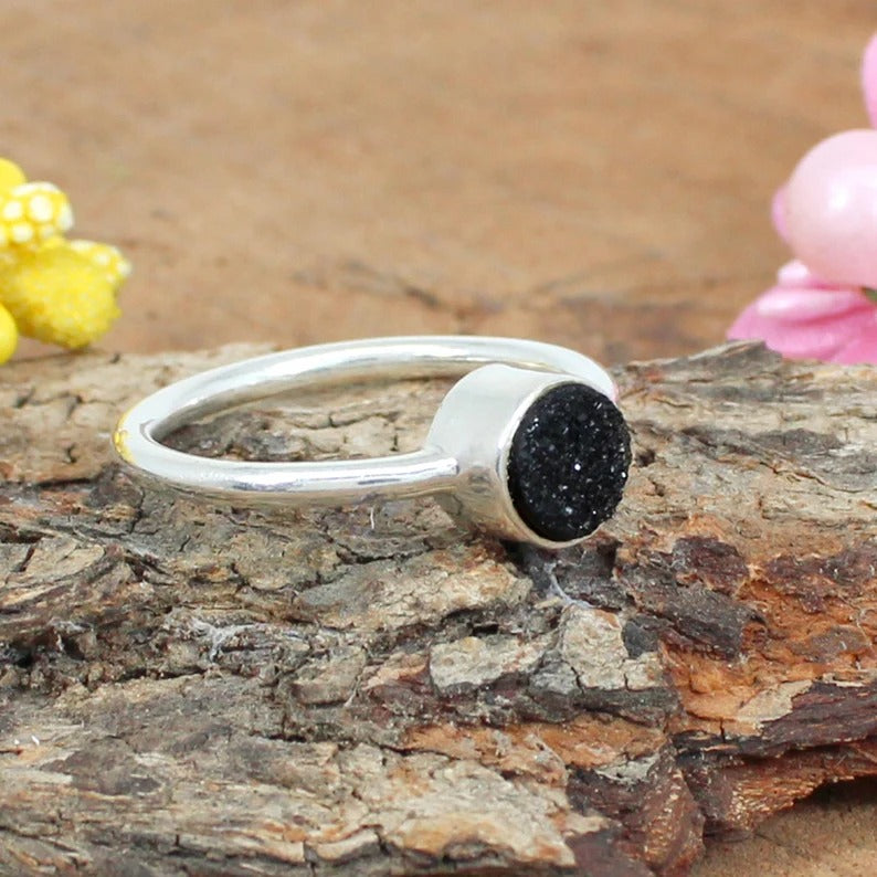 Black Druzy Gemstone 92.5 Silver Ring