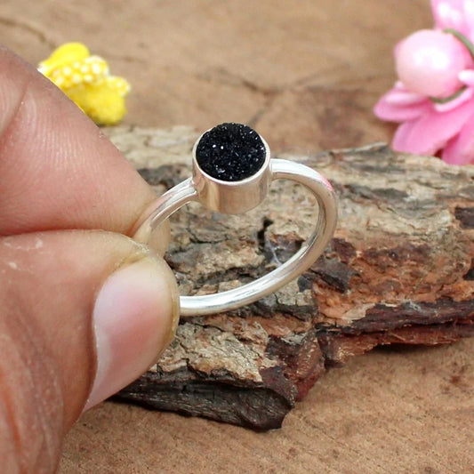 Black Druzy Gemstone 92.5 Silver Ring