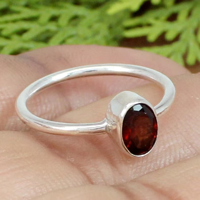 Natural Red Garnet Gemstone 925 Sterling Silver Ring