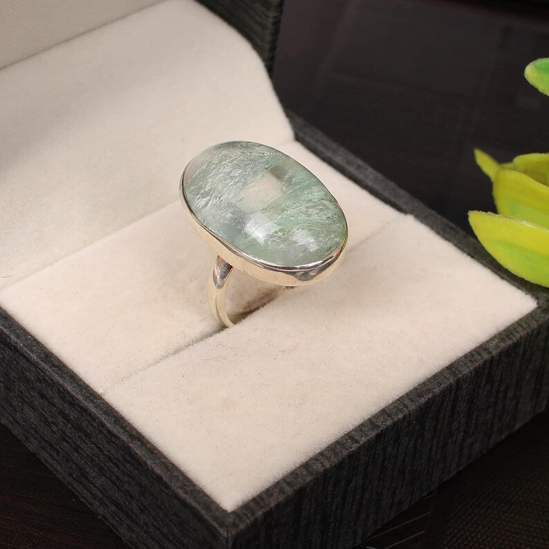 Aqua Crackle Glass Gemstone 92.5 Silver Ring