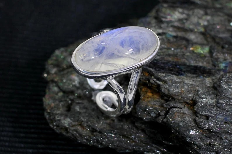 Oval Rainbow Moonstone Gemstone 92.5 Silver Ring