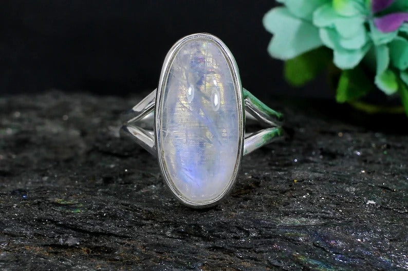 Oval Rainbow Moonstone Gemstone 92.5 Silver Ring