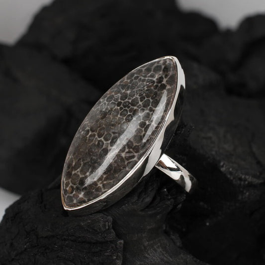 Black Coral Gemstone 92.5 Sterling Silver Ring