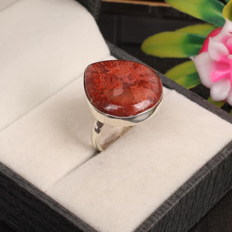 Utah Coral Gemstone 92.5 Sterling Silver Ring