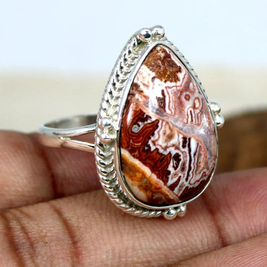 Natural Crazy Lace Agate Gemstone 92.5 Sterling Silver Ring