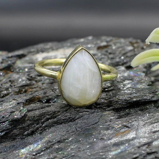 Rainbow Moonstone Gemstone Gold Plated Silver Ring