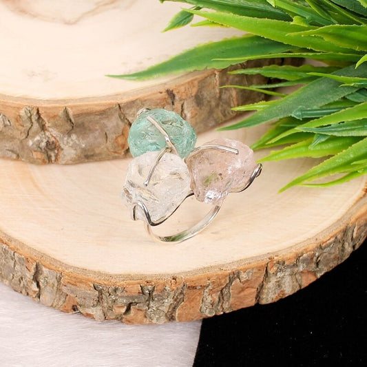 Morganite & Aquamarine With Crystal Quartz Gemstone Silver Ring