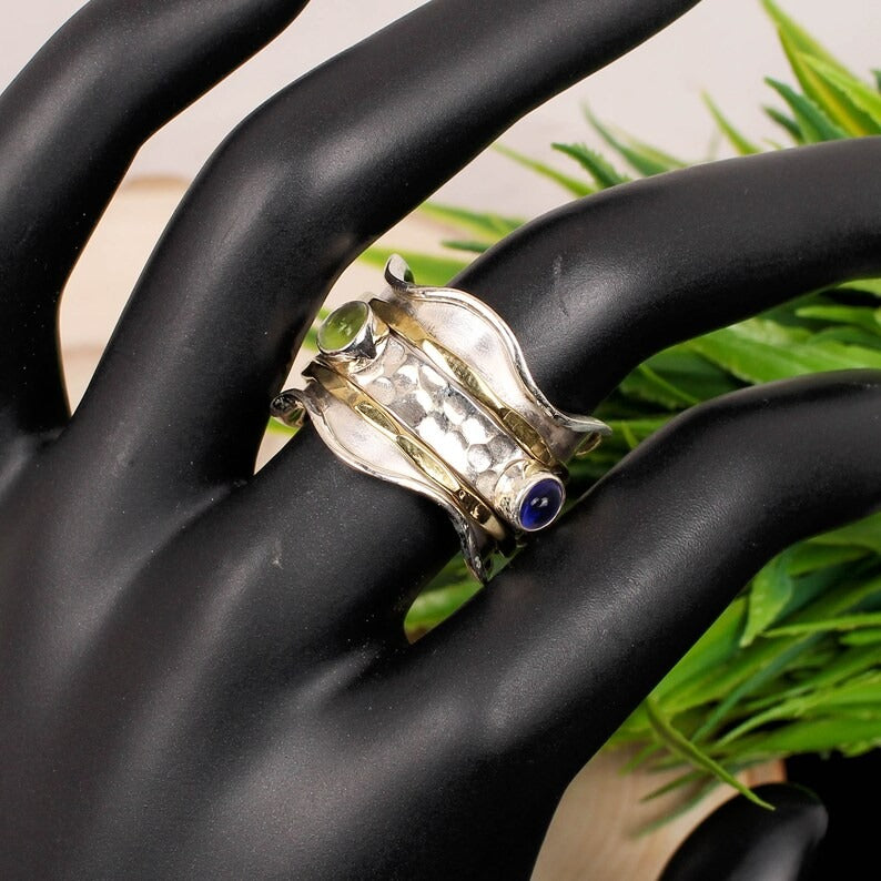 925 Sterling Silver  Ink Hydro Blue & Peridot Gemstone Spinner Ring