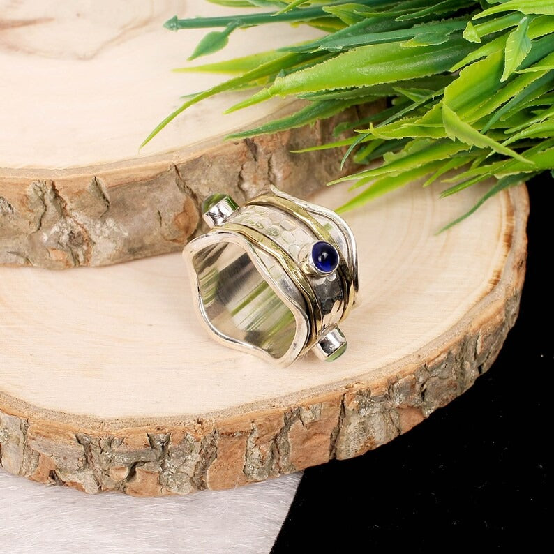 925 Sterling Silver  Ink Hydro Blue & Peridot Gemstone Spinner Ring