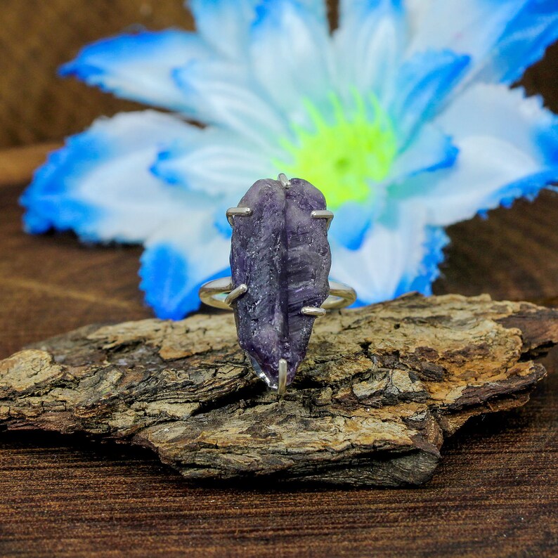 Natural Raw Amethyst Silver Ring