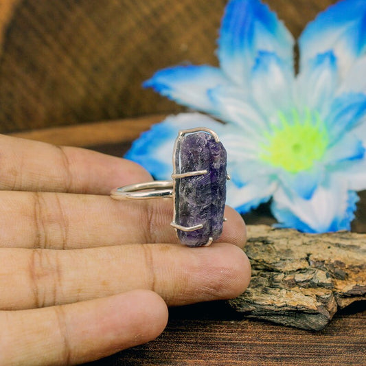 Natural Raw Amethyst Silver Ring