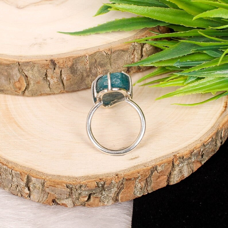 Natural Neon Apatite Raw Gemstone Silver Ring