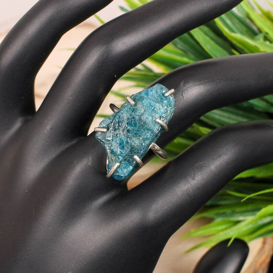 Natural Neon Apatite Raw Gemstone Silver Ring