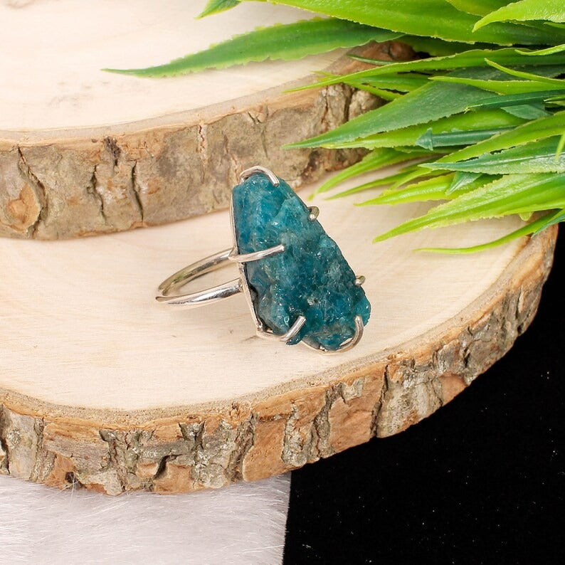 Natural Neon Apatite Raw Gemstone Silver Ring