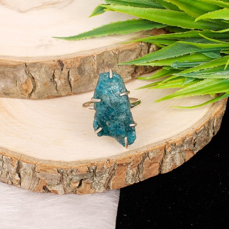 Natural Neon Apatite Raw Gemstone Silver Ring