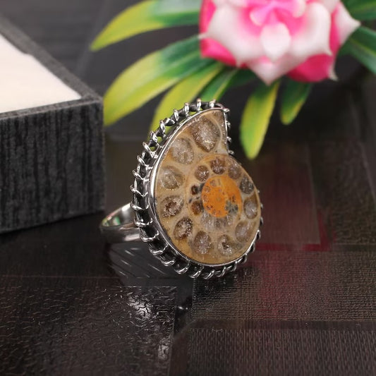 Ammonite Fossil Gemstone 92.5 Sterling Silver Ring