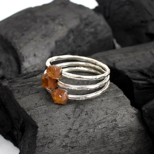 Triple Band Raw Citrine Gemstone Silver Ring