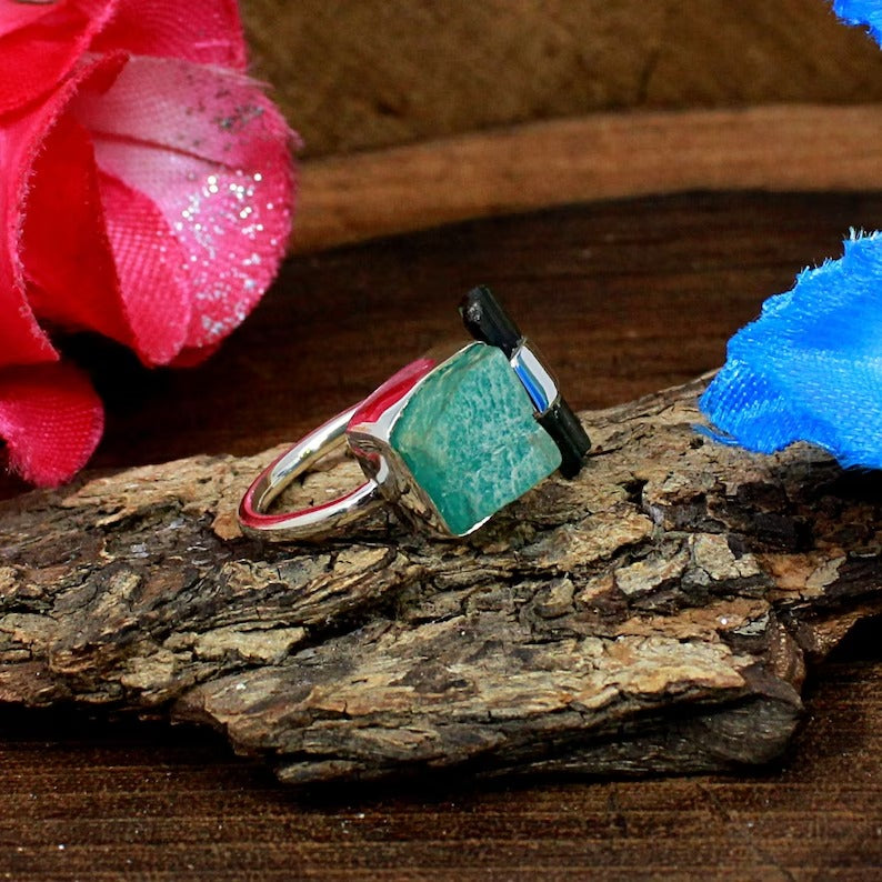 Natural Amazonite & Tourmaline Gemstone 92.5 Sterling Silver Ring