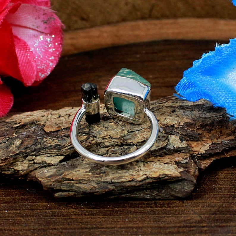 Natural Amazonite & Tourmaline Gemstone 92.5 Sterling Silver Ring