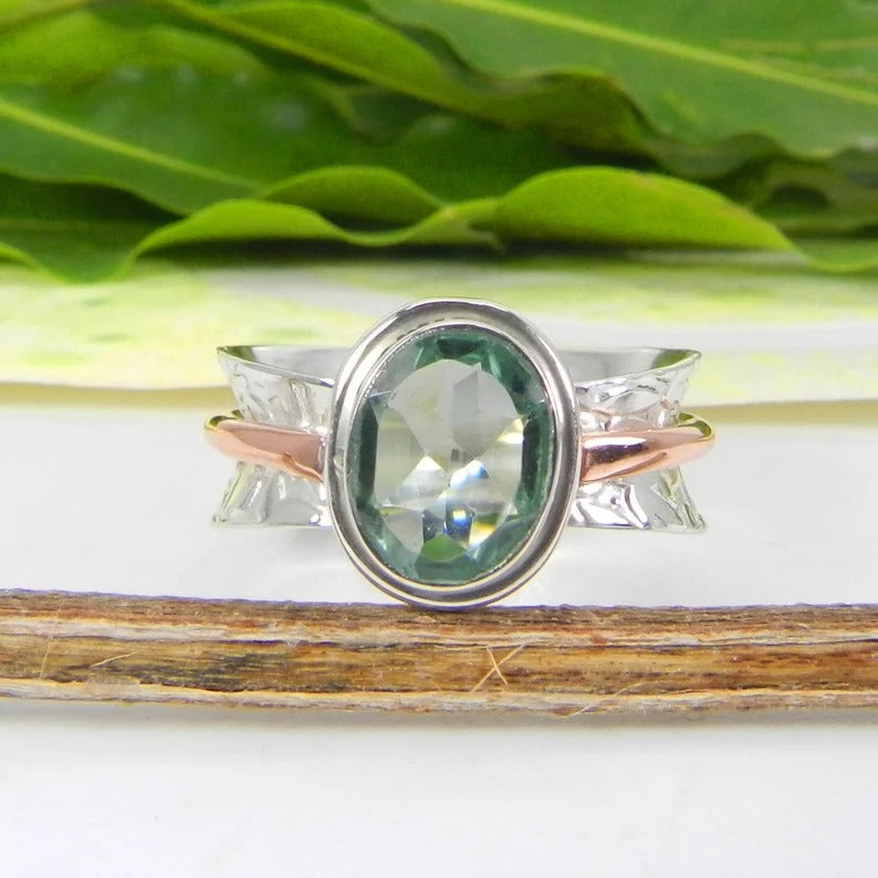 Aquamarine Gemstone Two Tone Plating 92.5 Sterling Silver Ring