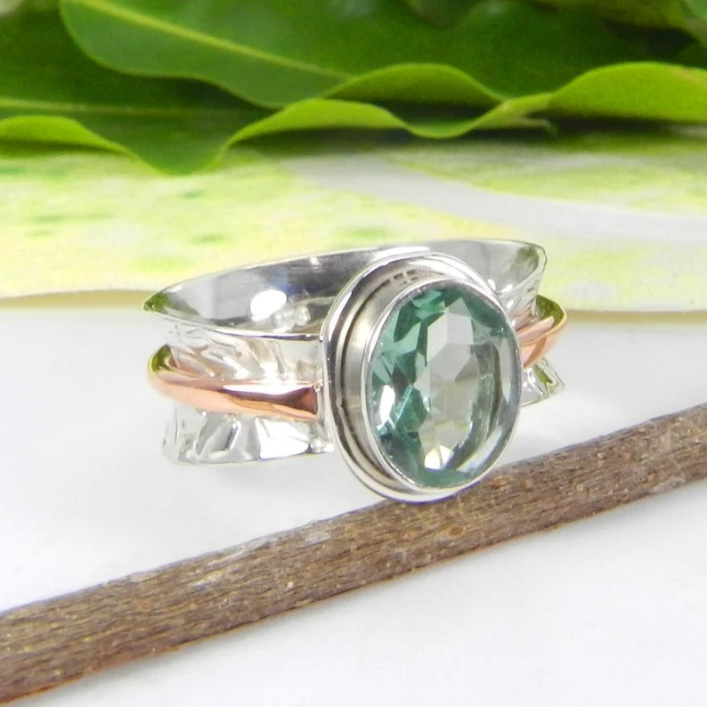 Aquamarine Gemstone Two Tone Plating 92.5 Sterling Silver Ring