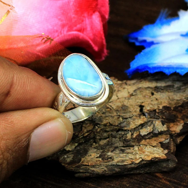 Natural Larimar Gemstone 92.5 Sterling Silver Ring