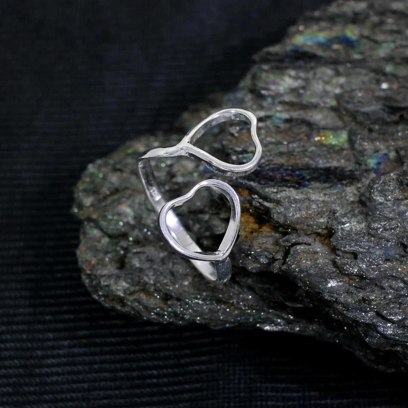 Double Heart Chunky 92.5 Silver Ring