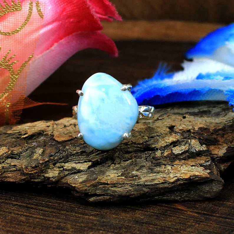 Larimar 925 Sterling Silver Prong Set Ring