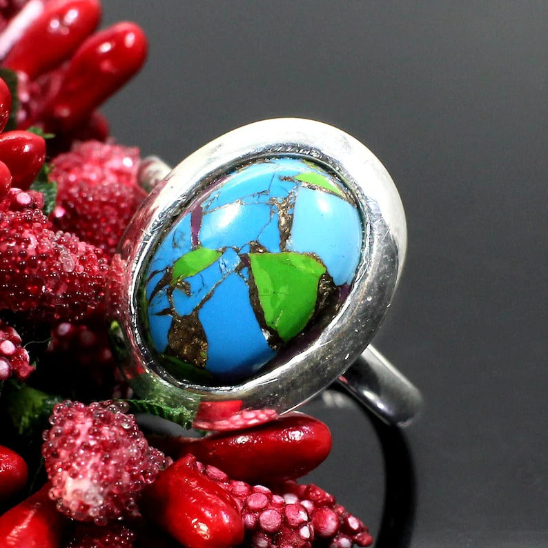 Natural Oyester Copper Turquoise Gemstone 92.5 Sterling Silver Ring