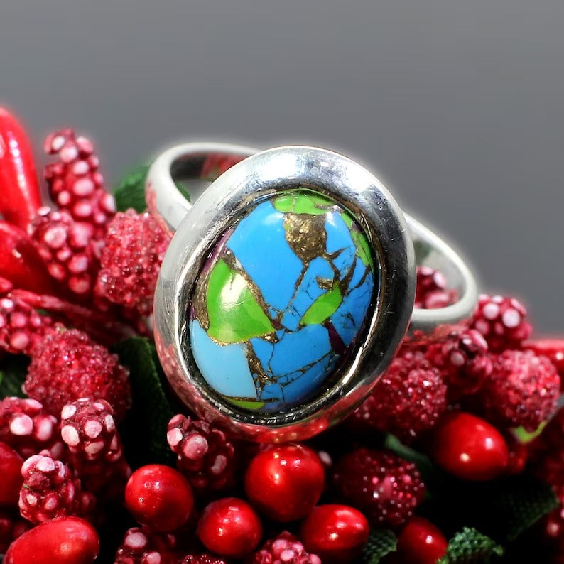 Natural Oyester Copper Turquoise Gemstone 92.5 Sterling Silver Ring