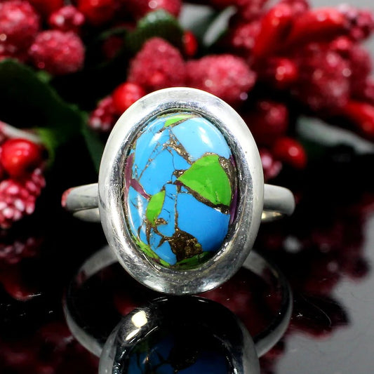 Natural Oyester Copper Turquoise Gemstone 92.5 Sterling Silver Ring