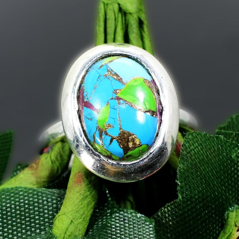Natural Oyester Copper Turquoise Gemstone 92.5 Sterling Silver Ring