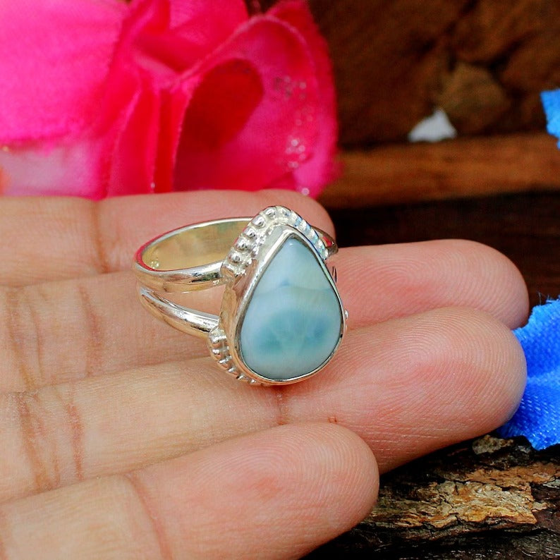 Pear Shape Larimar Designer Sterling Silver Ring