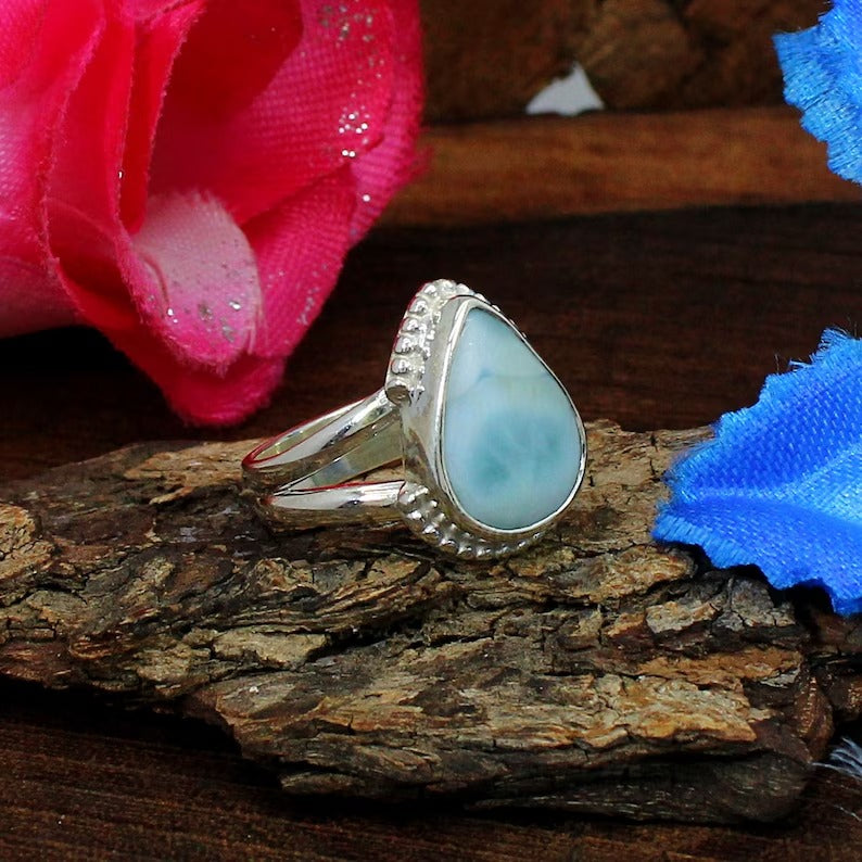 Pear Shape Larimar Designer Sterling Silver Ring