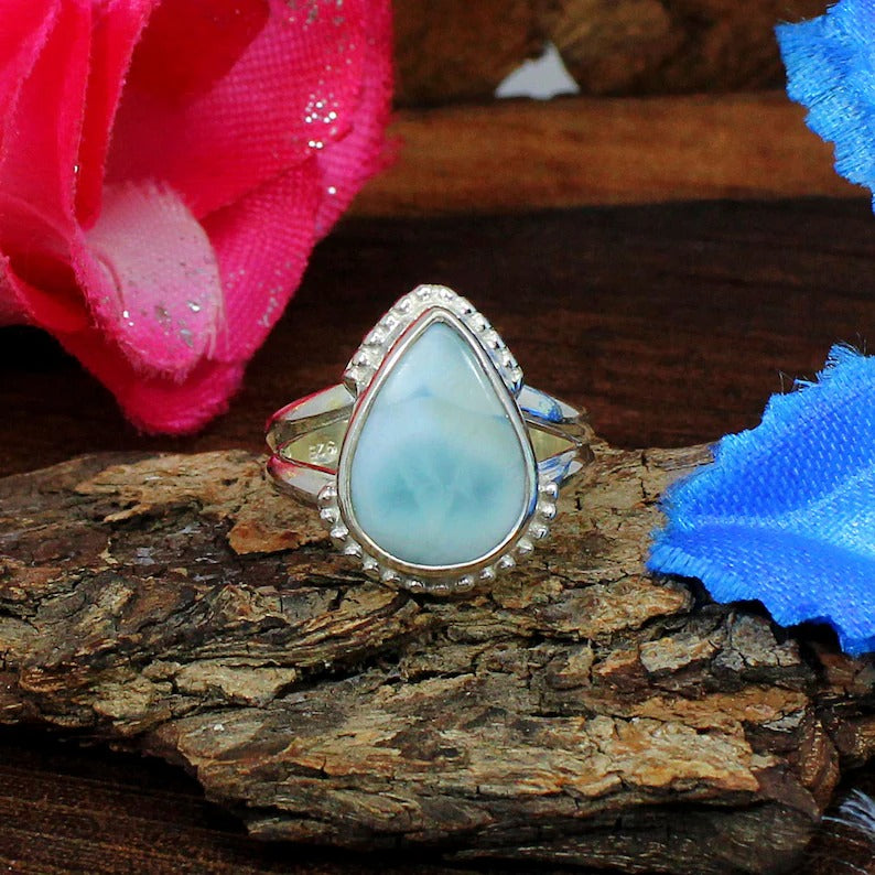 Pear Shape Larimar Designer Sterling Silver Ring