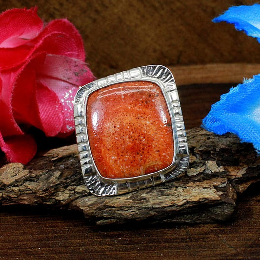 Natural Sponge Coral Gemstone 92.5 Sterling Silver Ring