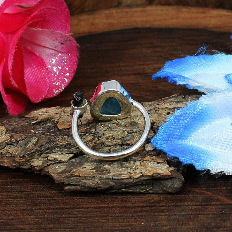 Neon Apatite & Green Tourmaline Gemstone Sterling Silver Ring