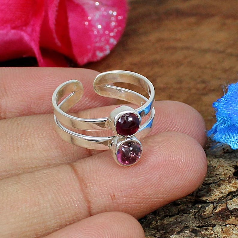 Pink Tourmaline Double Band Adjustable 92.5 Sterling Silver Ring