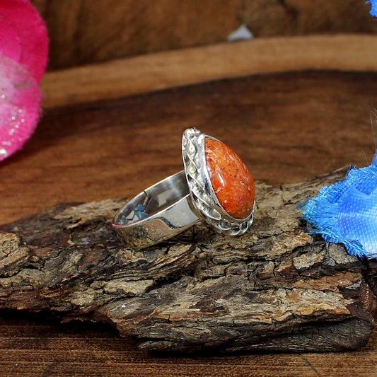 Natural Orange Sponge Coral Gemstone 92.5 Sterling Silver Ring