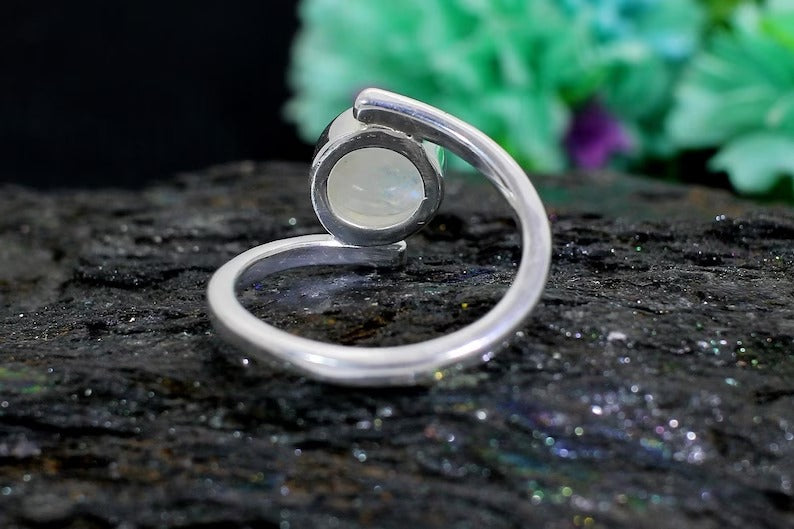 Round Rainbow Moonstone Gemstone Sterling Silver Ring