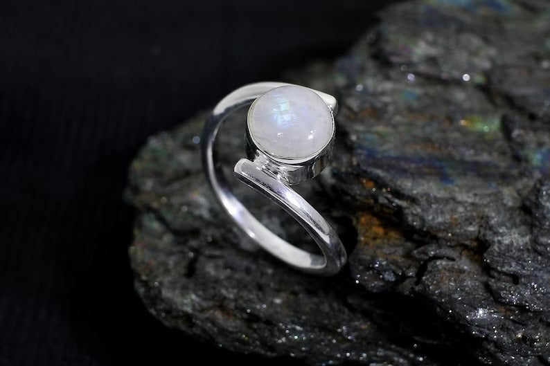 Round Rainbow Moonstone Gemstone Sterling Silver Ring