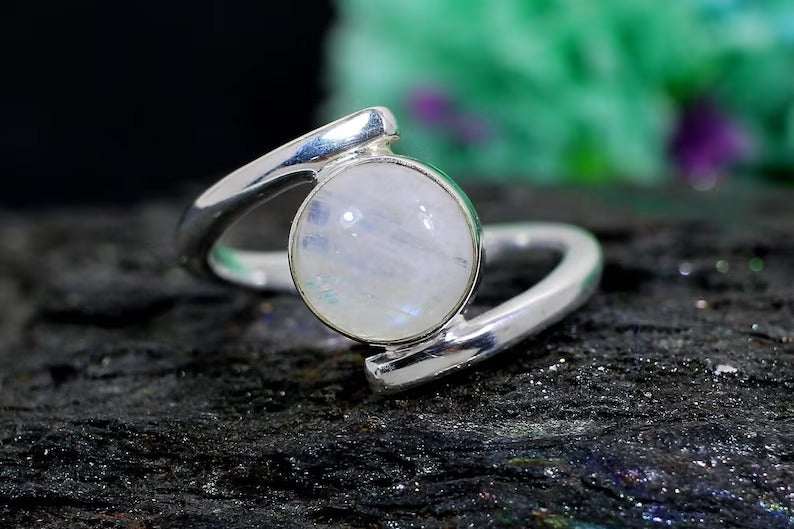 Round Rainbow Moonstone Gemstone Sterling Silver Ring