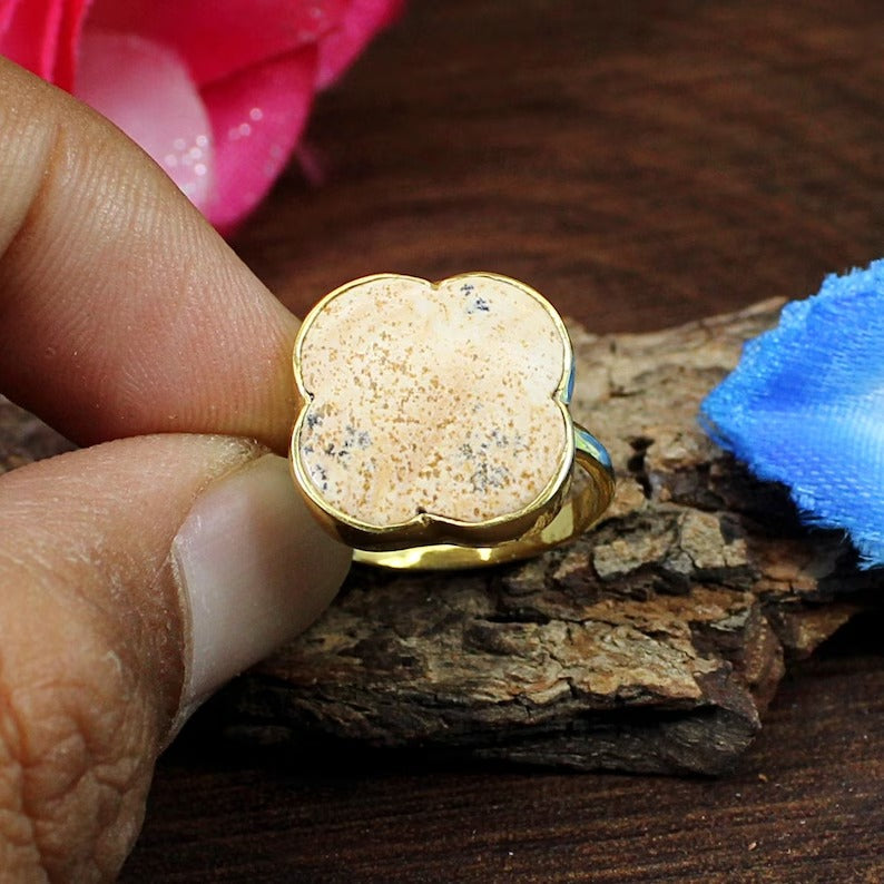 Picture Jasper Clover Shape Gemstone 92.5 Silver Ring