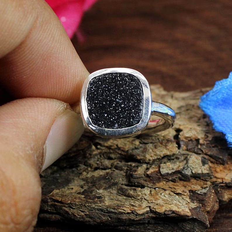 Cushion Shape Black Druzy Gemstone 92.5 Silver Ring